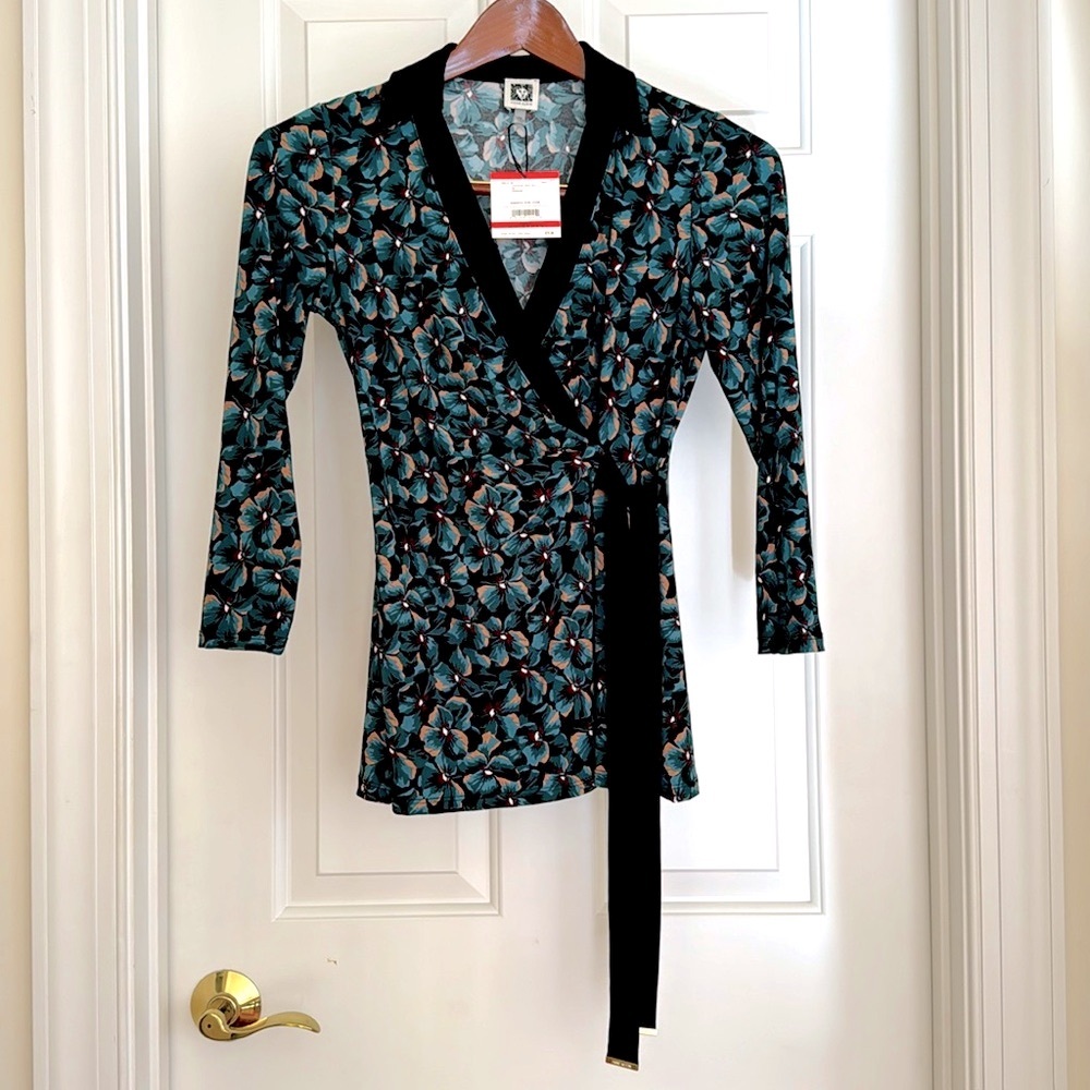 Anne Klei Top Size XS Green Black Long Sleeves Collar Waist Ties NWT